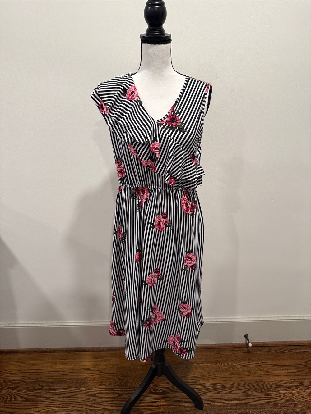 Flamingo Urban Black & White Striped Floral Midi Dress with Pink Roses Sz Large